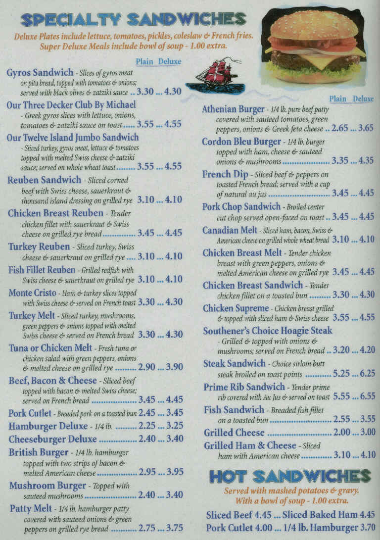 Specialty Sandwiches & Salads Menu - Twelve Islands Restaurant